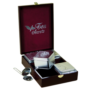 "Чайні секрети" набір банок (4 шт. по 100 гр.) в скриньці з волоського горіху з ложкою для заварювання чаю
